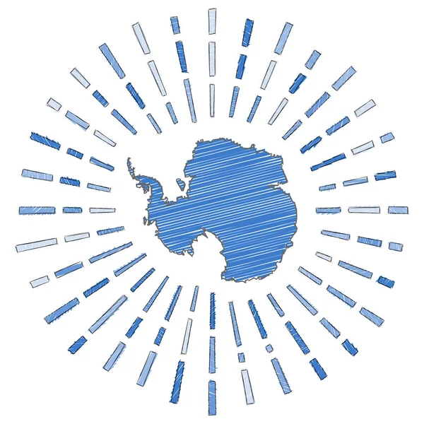 Sketch map of Antarctica Sunburst around the country in flag colors Forma da Antártida desenhada à mão —  Vetores de Stock