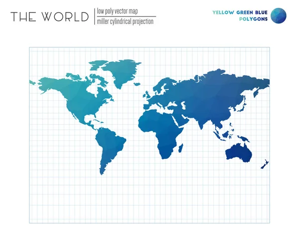 Mappa vettoriale del mondo Miller proiezione cilindrica del mondo Giallo Verde Blu colorato — Vettoriale Stock