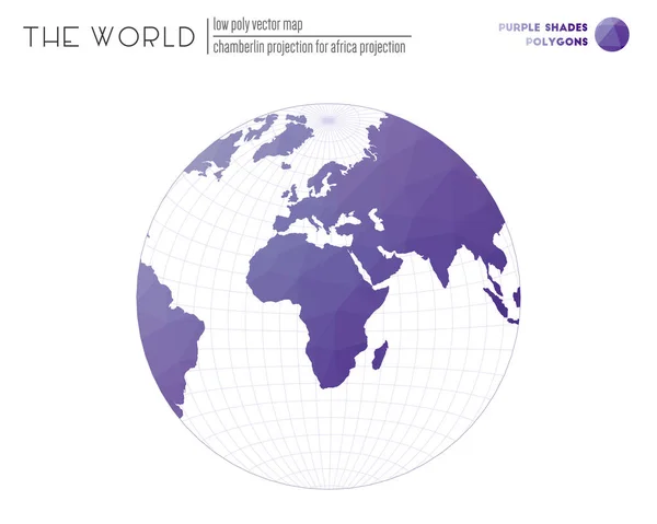 Mappa del mondo con triangoli vibranti Proiezione di Chamberlin per l'Africa Proiezione del mondo Viola — Vettoriale Stock