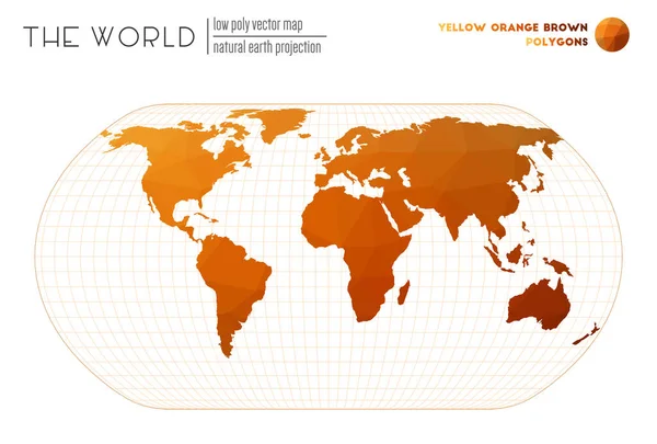 Mappa del mondo con triangoli vibranti Proiezione della Terra naturale del mondo Giallo Arancione Marrone colorato — Vettoriale Stock