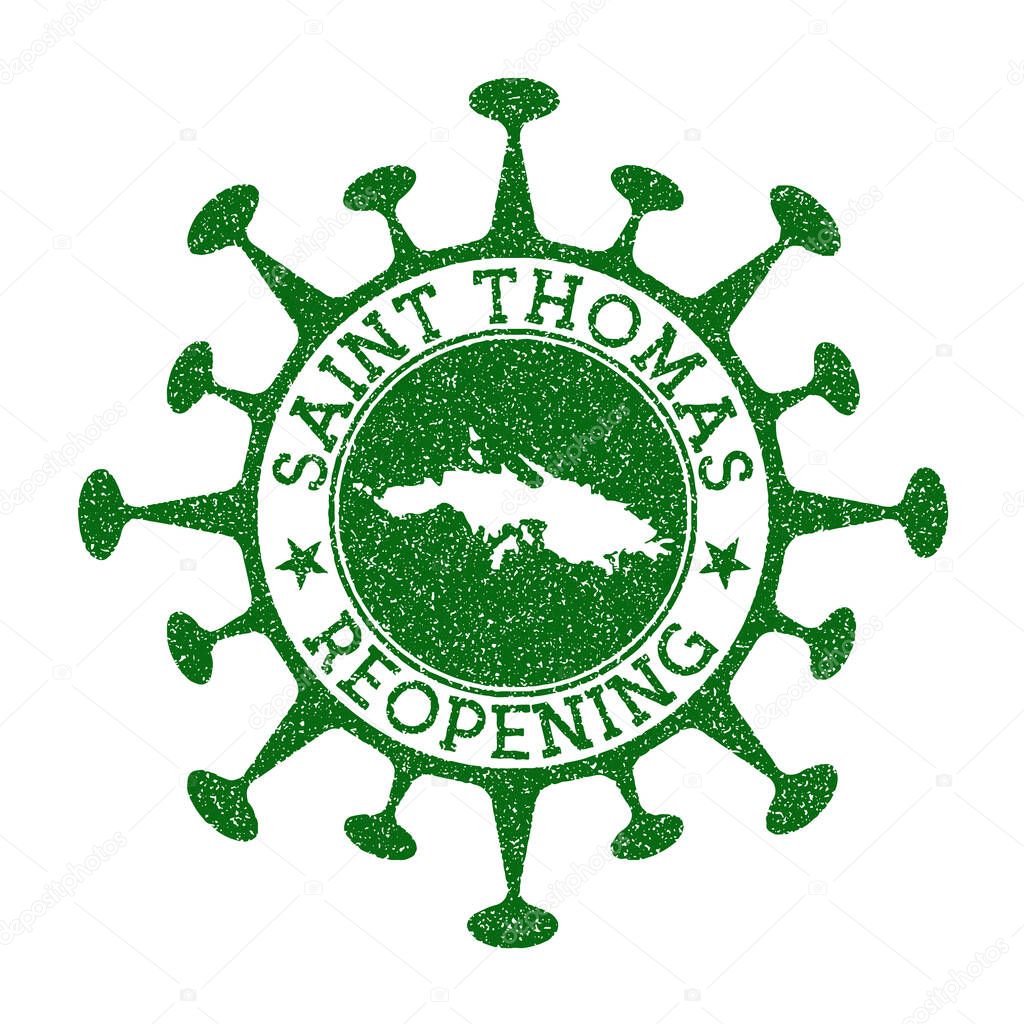 Saint Thomas Reopening Stamp. Green round badge of island with map of Saint Thomas. Island opening after lockdown. Vector illustration.