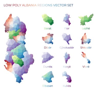 Arnavutluk 'un düşük poligonal bölgelerinde tasarladığınız bölgeler için Geometrik haritalar içeren çokgen Arnavutluk haritaları