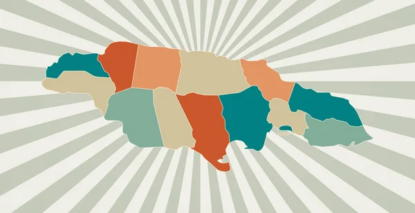 Jamaica mapa Cartaz com mapa do país em paleta de cores retro Forma da Jamaica com sunburst —  Vetores de Stock