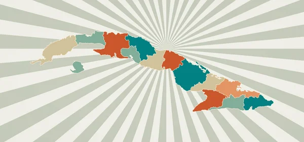 Cuba mappa Poster con mappa del paese in tavolozza di colori retrò Forma di Cuba con raggi di sole — Vettoriale Stock