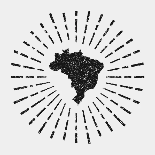 Vintage mapa de Brasil Grunge sunburst alrededor del país Negro Brasil forma con rayos de sol en blanco — Vector de stock