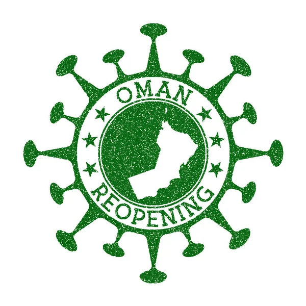 Omã Reabertura Carimbo Crachá redondo verde do país com mapa de Omã Abertura do país após bloqueio — Vetor de Stock