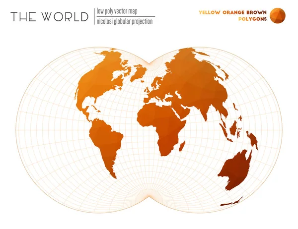 Laag poly ontwerp van de wereld Nicolosi bolvormige projectie van de wereld Geel Oranje Bruin gekleurd — Stockvector