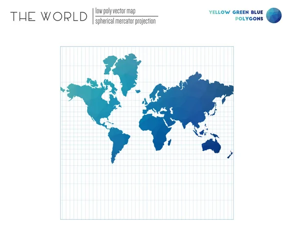 Maglia triangolare del mondo Proiezione sferica Mercatore del mondo Giallo Verde Blu colorato — Vettoriale Stock
