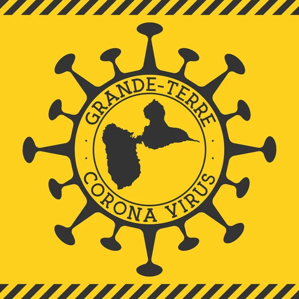 Vírus da Corona em GrandeTerre assinar crachá redondo com forma de vírus e mapa GrandeTerre Amarelo — Vetor de Stock