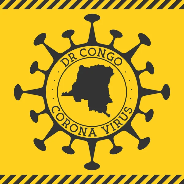 Ιός Corona στην Λαϊκή Δημοκρατία του Κονγκό υπογράψει στρογγυλό σήμα με το σχήμα του ιού και DR Κονγκό χάρτη Κίτρινη χώρα — Διανυσματικό Αρχείο