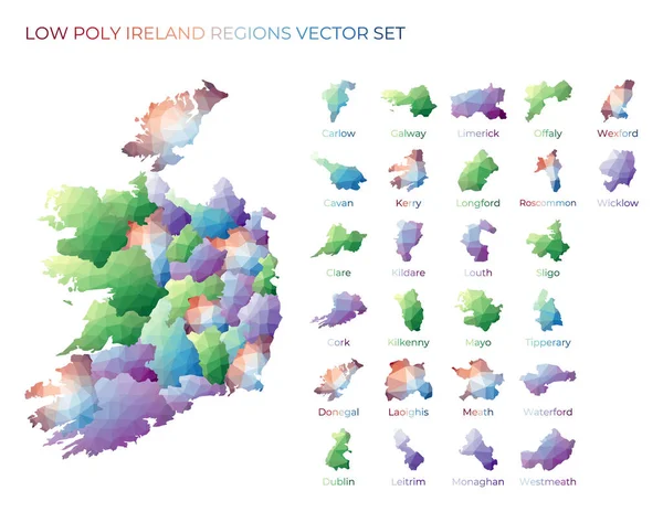 Ír alacsony poly régiók Írország többszögletű térképe régiókkal Az Ön tervének geometriai térképei — Stock Vector