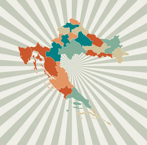 Croácia mapa Cartaz com mapa do país em paleta cor retro Forma da Croácia com sunburst — Vetor de Stock