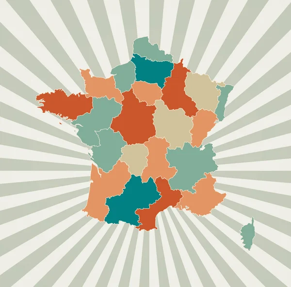 Mapa de Francia Póster con el mapa del país en la paleta de colores retro Forma de Francia con la explosión del sol — Vector de stock