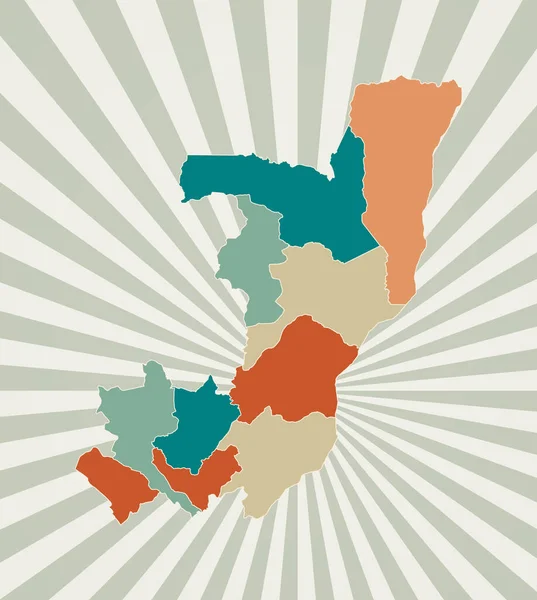 Mapa Konga Plakát s mapou země v retro barevné paletě Tvar Konga s paprsky slunečního svitu — Stockový vektor