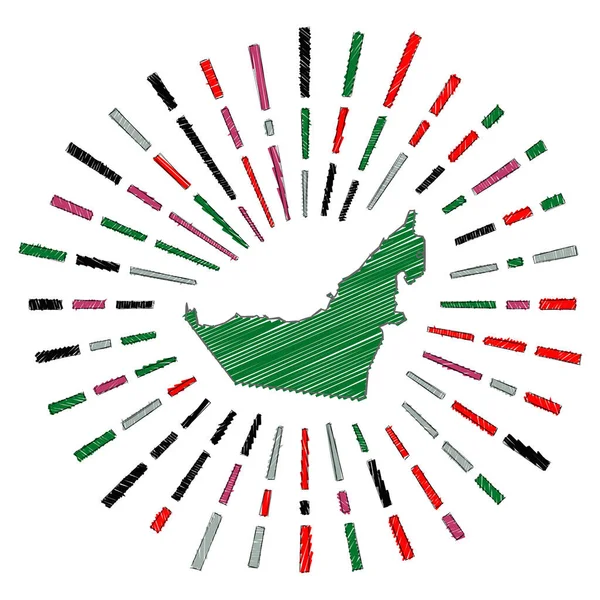 アラブ首長国連邦のスケッチマップ国旗の色で全国各地で日の出太陽の光でUAEの形を描いた手 — ストックベクタ