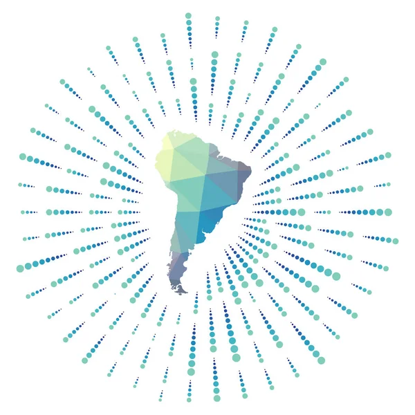 Shape of South America polygonal sunburst Map of the continent with colorful star rays South — Stock Vector