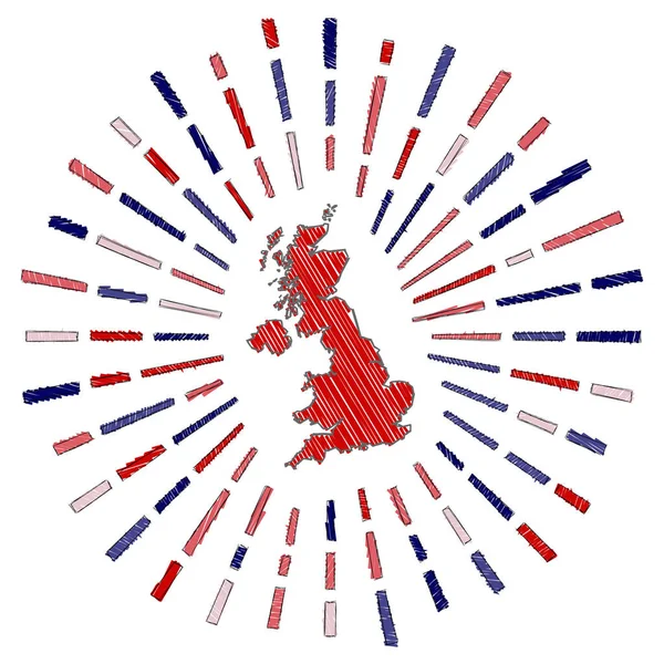 Sketch mapa de Reino Unido Sunburst alrededor del país en colores de la bandera dibujado a mano Reino Unido — Vector de stock