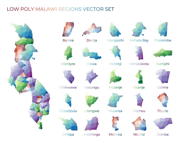 Malawian low poly regions Wielokątna mapa Malawi z regionami Mapy geometryczne dla Twojego projektu — Wektor stockowy