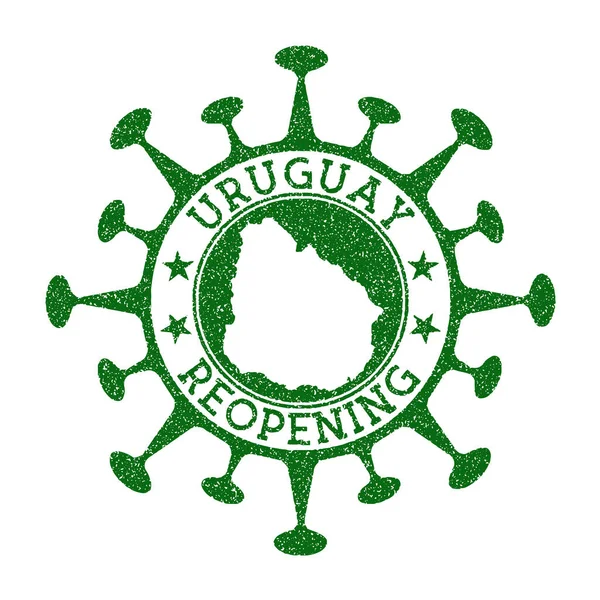 Uruguay Reopening Stamp Green round badge of country with map of Uruguay Country opening after — Stock Vector