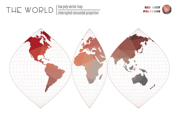 Mappa astratta del mondo Proiezione sinusoidale interrotta del mondo Poligoni di colore grigio rosso — Vettoriale Stock