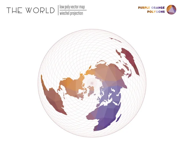 Abstract geometrische wereldkaart Wiechel projectie van de wereld Paars Oranje gekleurde polygonen — Stockvector