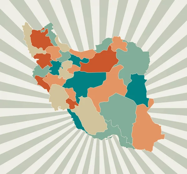 Іранська мапа Постер з мапою країни в палітрі ретро-кольорів Форма Ірану з сонячними променями — стоковий вектор