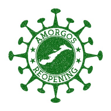 Amorgolar Yeşil Mühür 'ün yeniden açılışından sonra Amorgos Adası haritası ile adanın yuvarlak rozetini kullanıyorlar.