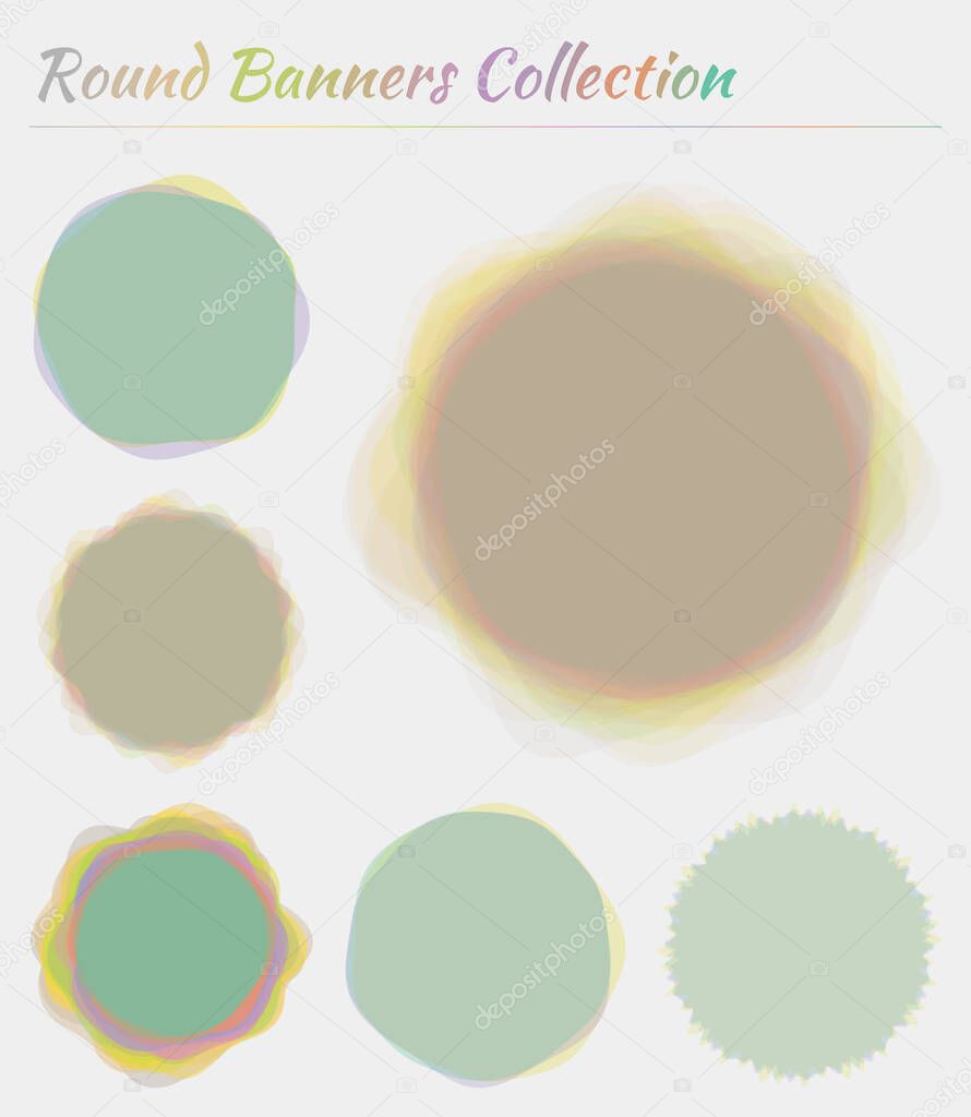 Round banners collection. Circular backgrounds in green orange blue green colors. Stylish vector illustration.