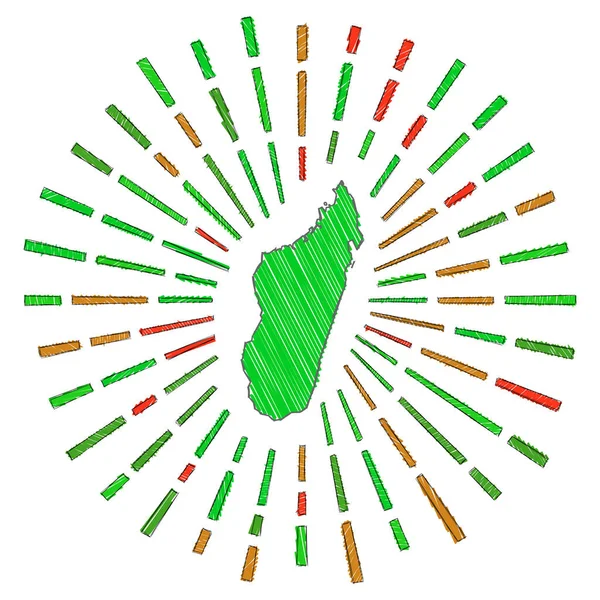 Sketch mapa de Madagascar Sunburst alrededor del país en colores de la bandera Dibujado a mano Madagascar forma — Vector de stock