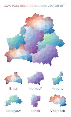 Belarus düşük poligonal bölgeleri Belarus 'un coğrafi haritası ve dizaynınız için bölgeler geometrik haritalar