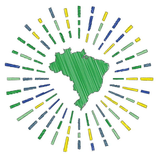 Skizze von Brasilien Sunburst rund um das Land in den Flaggenfarben Handgezeichnete Brasilien-Form mit Sonne — Stockvektor