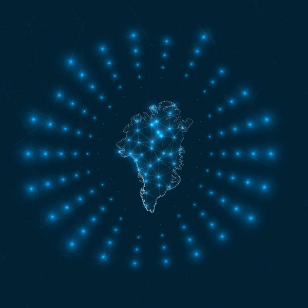 Mapa digital de Groenlandia Rayos brillantes que irradian desde el país Conexiones de red y — Archivo Imágenes Vectoriales