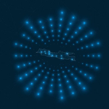 Java dijital haritası Ağ bağlantıları ve telekomünikasyondan yayılan parıldayan ışınlar