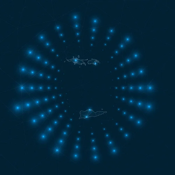 Virgin Islands digital map Glowing rays radiating from the island Network connections and — Stock Vector