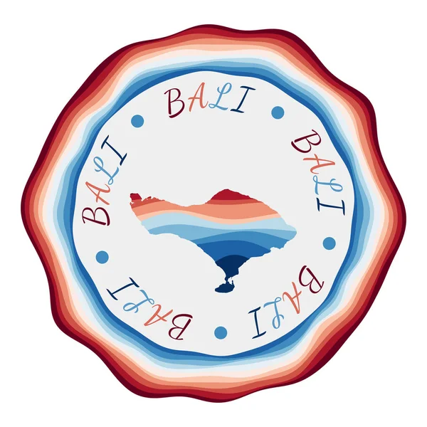 Insignia de Bali Mapa de la isla con hermosas olas geométricas y vibrante marco azul rojo — Vector de stock