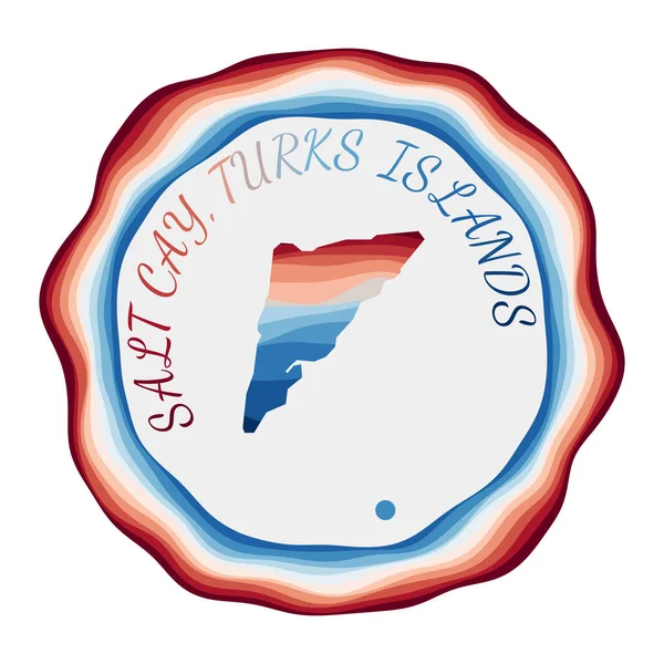 Sal Cay Turks Islands Badge Mapa da ilha com belas ondas geométricas e azul vermelho vibrante — Vetor de Stock