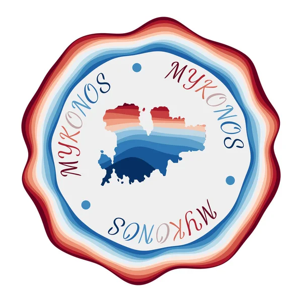 Mykonos Badge Karte der Insel mit schönen geometrischen Wellen und lebendigen rot-blauen Rahmen Vivid — Stockvektor