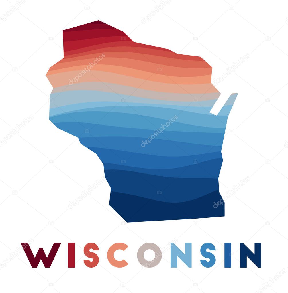 Wisconsin map. Map of the us state with beautiful geometric waves in red blue colors. Vivid Wisconsin shape. Vector illustration.