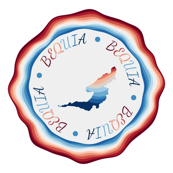 Insignia de Bequia Mapa de la isla con hermosas olas geométricas y vibrante marco rojo azul Vivid — Vector de stock