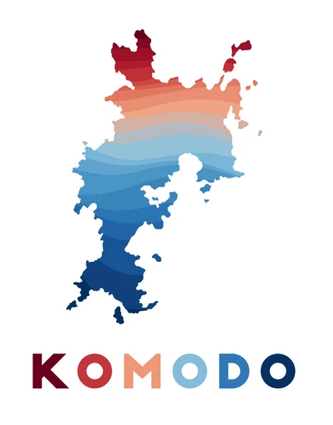 Mapa de Komodo Mapa de la isla con hermosas olas geométricas en colores azules rojos Forma viva de Komodo — Vector de stock