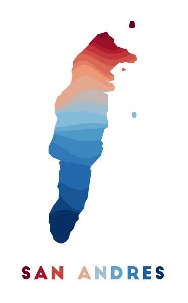 Mapa de San Andrés Mapa de la isla con hermosas olas geométricas en colores azules rojos Vivid San Andrés — Vector de stock
