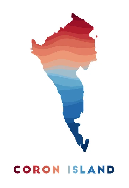 Mapa de la isla de Coron Mapa de la isla con hermosas olas geométricas en colores azules rojos Vivid Coron — Vector de stock