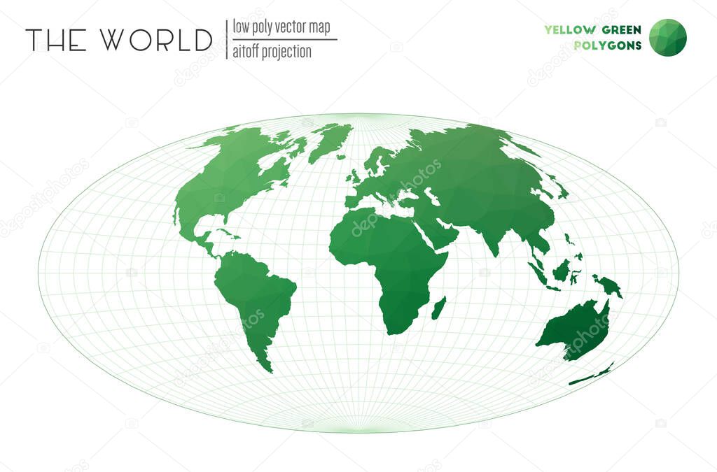 Low poly world map Aitoff projection of the world Yellow Green colored polygons Contemporary