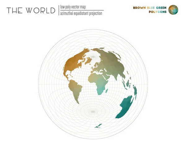 Vector kaart van de wereld Azimuthal projectie van de wereld Bruin Blauw Groen gekleurd — Stockvector