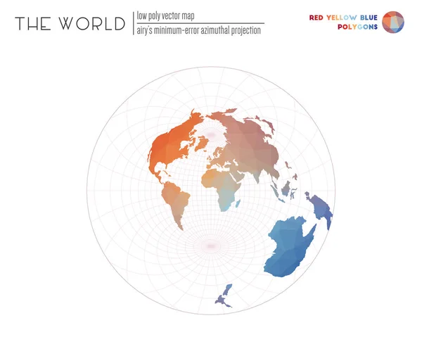 Polygonale wereldkaart Airys minimum error azimuthal projectie van de wereld Rood Geel Blauw gekleurd — Stockvector