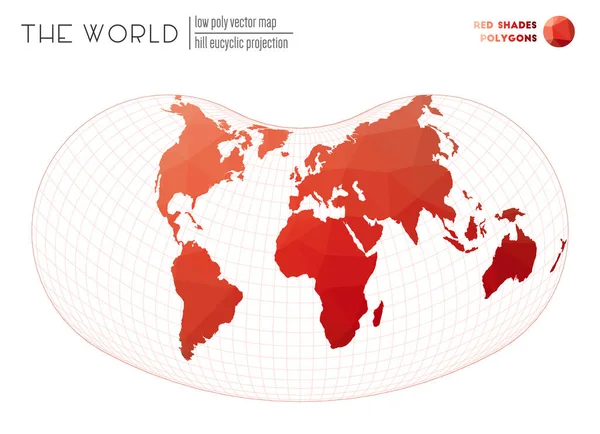 Lage poly wereldkaart Hill eucyclische projectie van de wereld Rode tinten gekleurde polygonen Trending — Stockvector