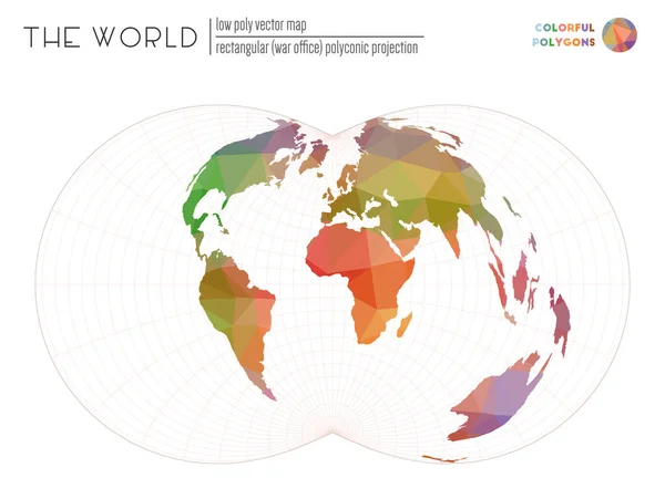 Polygonale kaart van de wereld Rechthoekige War Office polyconische projectie van de wereld Kleurrijk — Stockvector