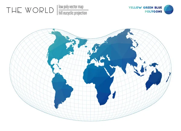 Mappa del mondo con vibranti triangoli Collina proiezione euciclica del mondo Giallo Verde Blu — Vettoriale Stock