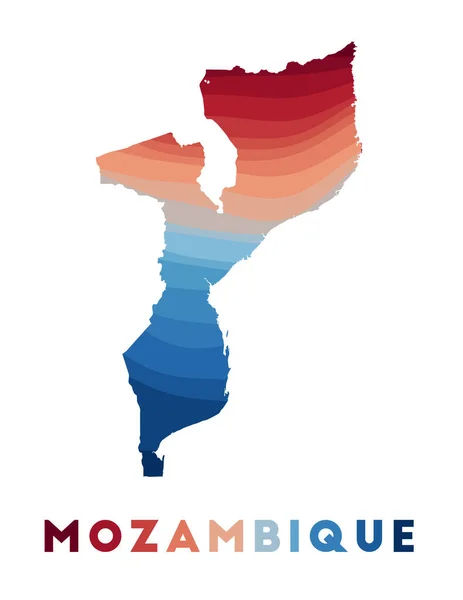 Mozambique mapa Mapa del país con hermosas olas geométricas en colores azules rojos Vivid — Vector de stock