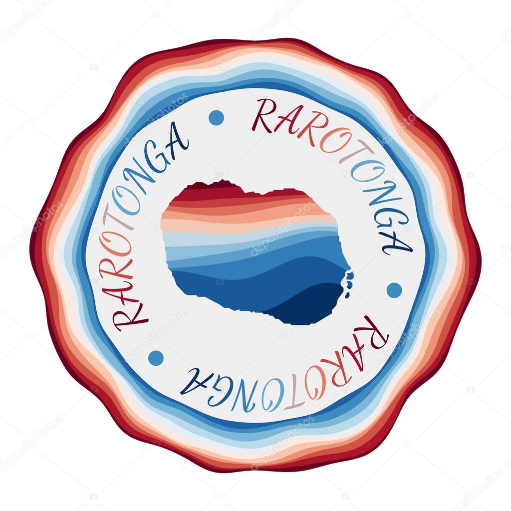 Rarotonga badge Map of the island with beautiful geometric waves and vibrant red blue frame Vivid